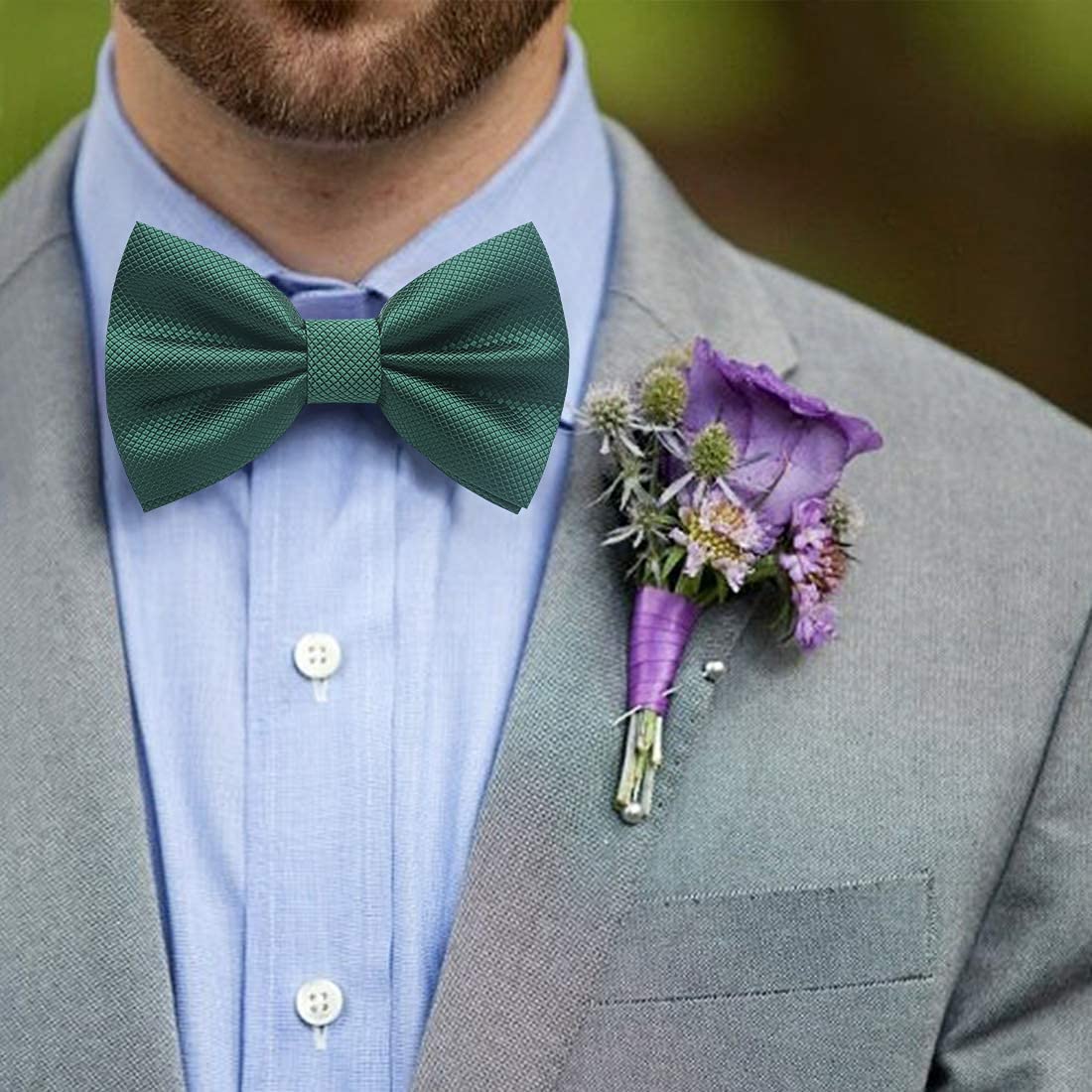 Hisdern Emerald Green Solid Pre-Tied Bow Tie Accessories Set For Evening Wear