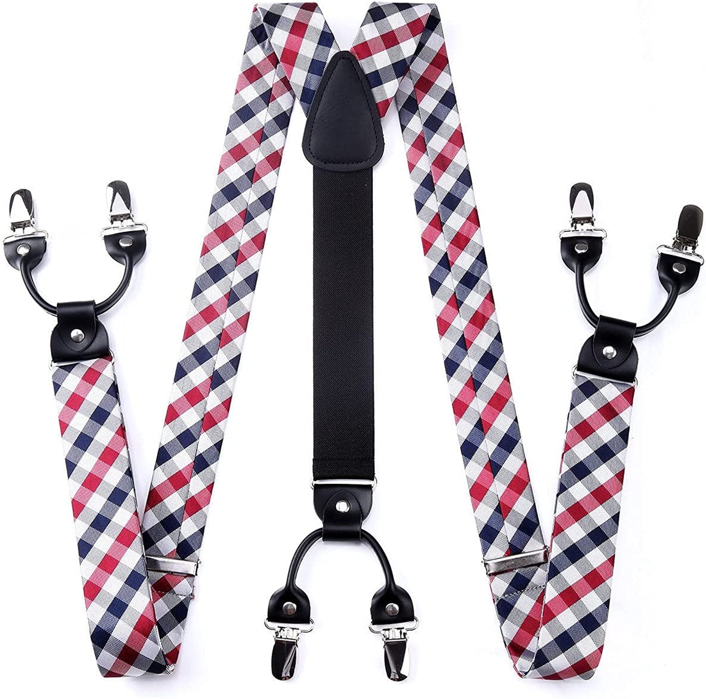 Hisdern Plaid Suspenders Bow Tie Set Red White Pattern Accessories