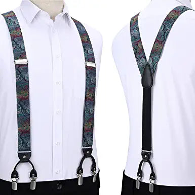 Hisdern Paisley Suspenders Bow Tie Set Blue Green Formal Accessories