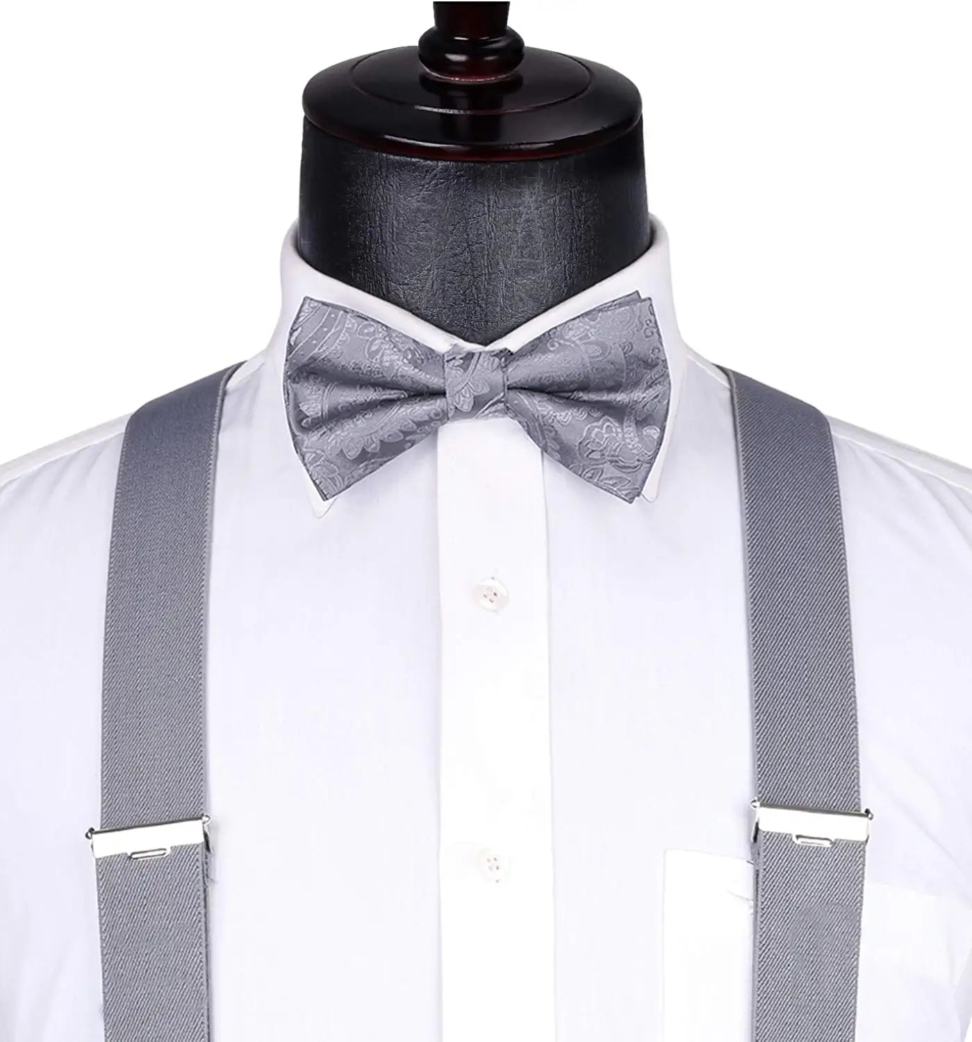 Hisdern Grey Paisley Suspenders Pre-Tied Bow Tie Set Formal Wedding