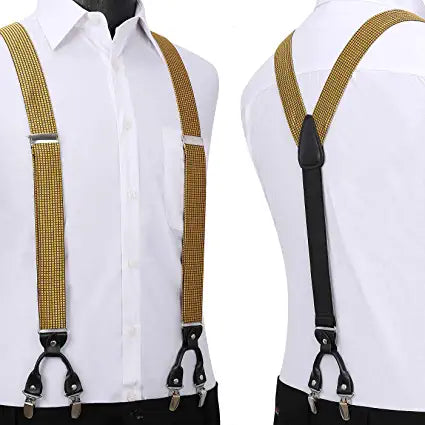 Hisdern Plaid Suspenders Pre-tied Bow Tie Set Gold Pattern Accessories