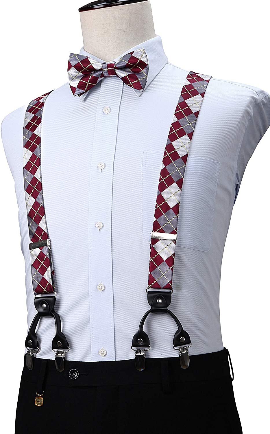 Hisdern Plaid Suspenders Bow Tie Set Burgundy Pattern Accessories