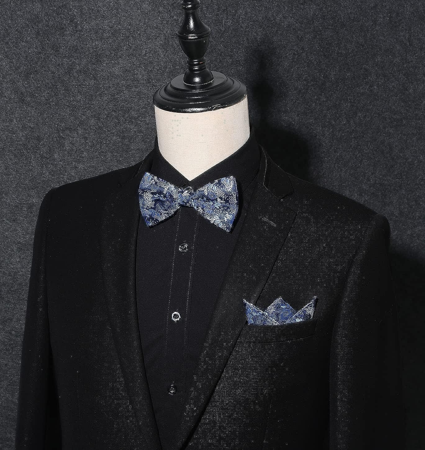 Hisdern Dark Blue Floral Pre-Tied Bow Tie Handkerchief with Cufflinks