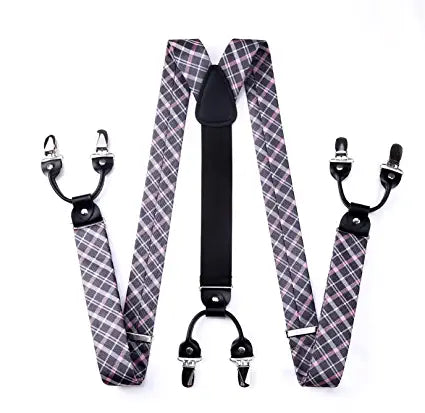 Hisdern Plaid Suspenders Bow Tie Set Pink Grey Pattern Accessories