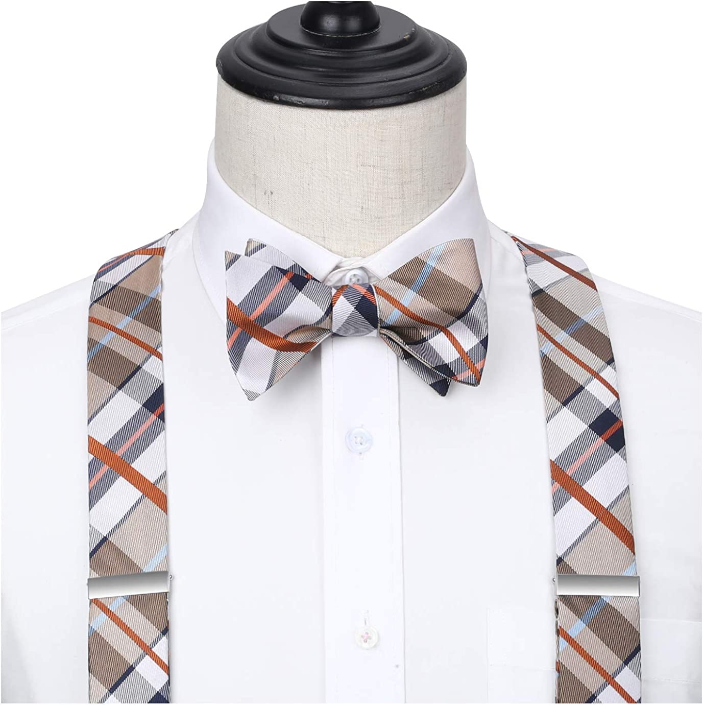 Hisdern Plaid Suspenders Bow Tie Set Khaki Pattern Accessories