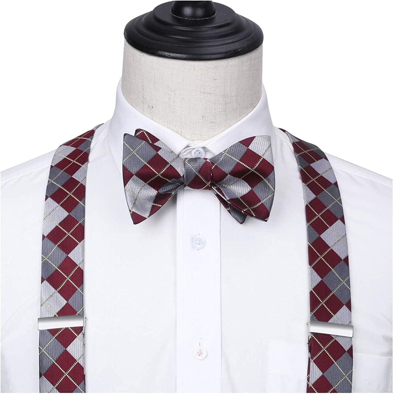 Hisdern Plaid Suspenders Bow Tie Set Burgundy Pattern Accessories