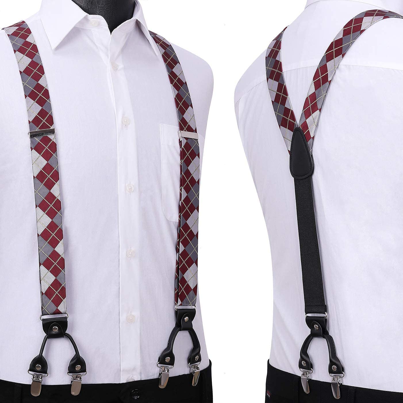 Hisdern Plaid Suspenders Bow Tie Set Burgundy Pattern Accessories