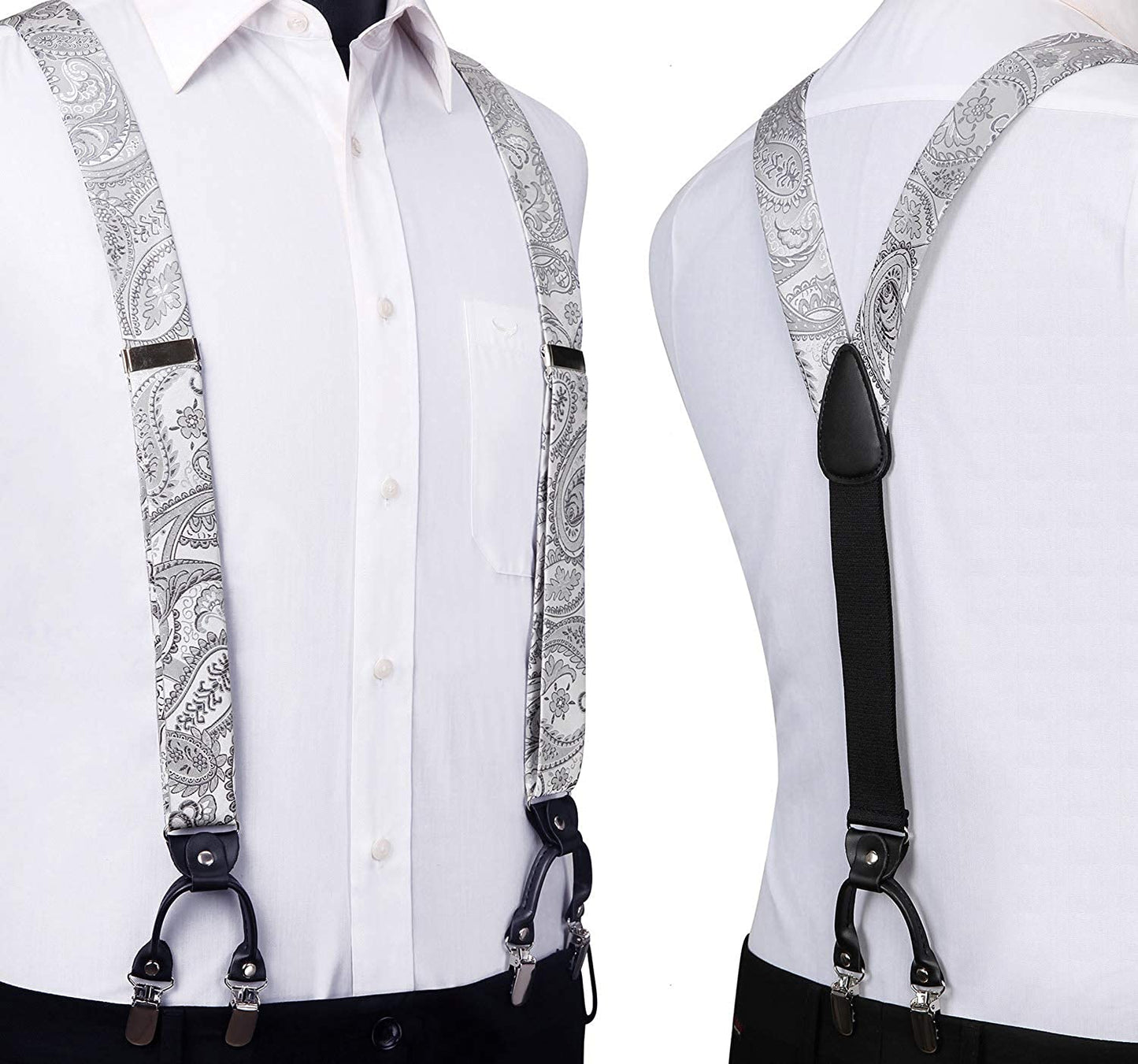 Hisdern Paisley Suspenders Pre-tied Bow Tie Set Silver Formal Accessories