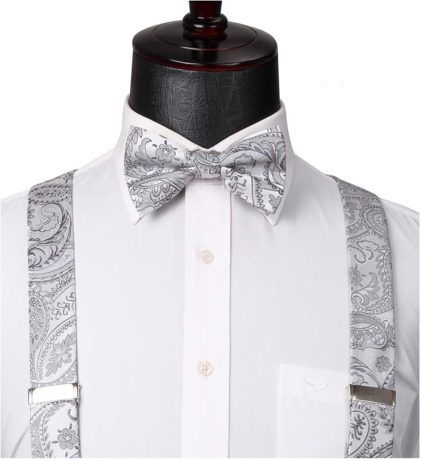 Hisdern Paisley Suspenders Pre-tied Bow Tie Set Silver Formal Accessories