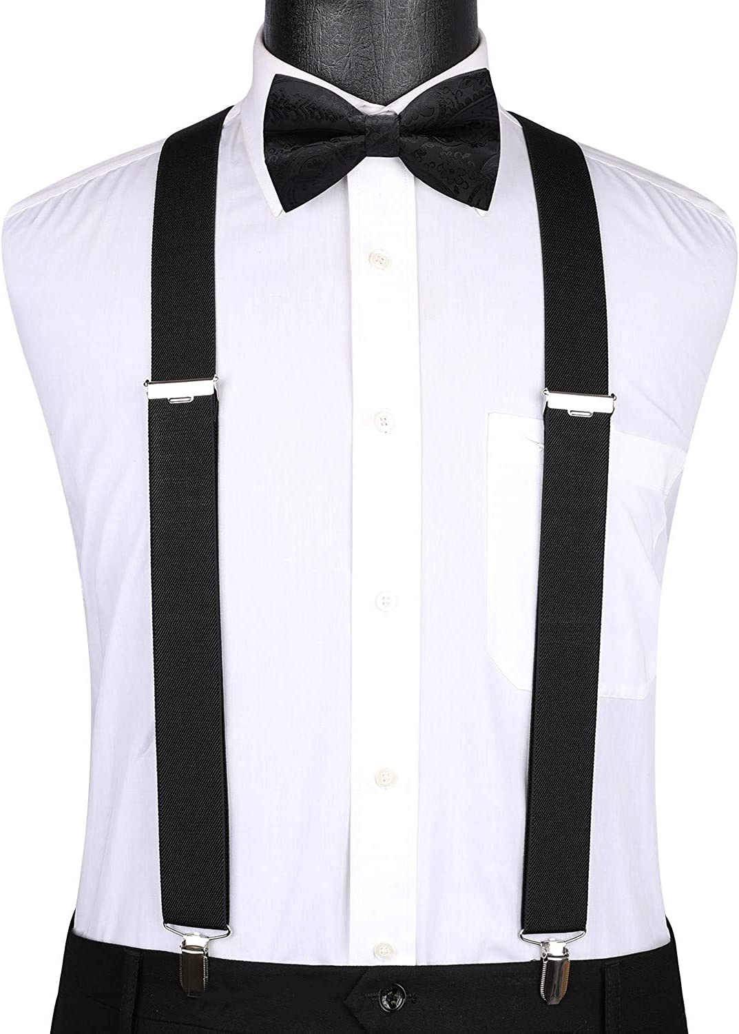 Hisdern Black Paisley Suspenders Pre-Tied Bow Tie Set Formal Wedding