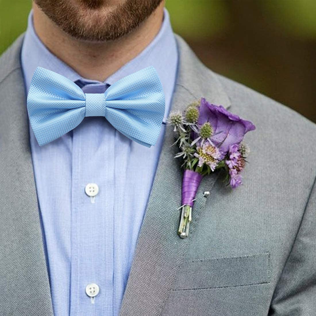 Hisdern Blue Solid Pre-Tied Bow Tie Accessories Set For Evening Wear