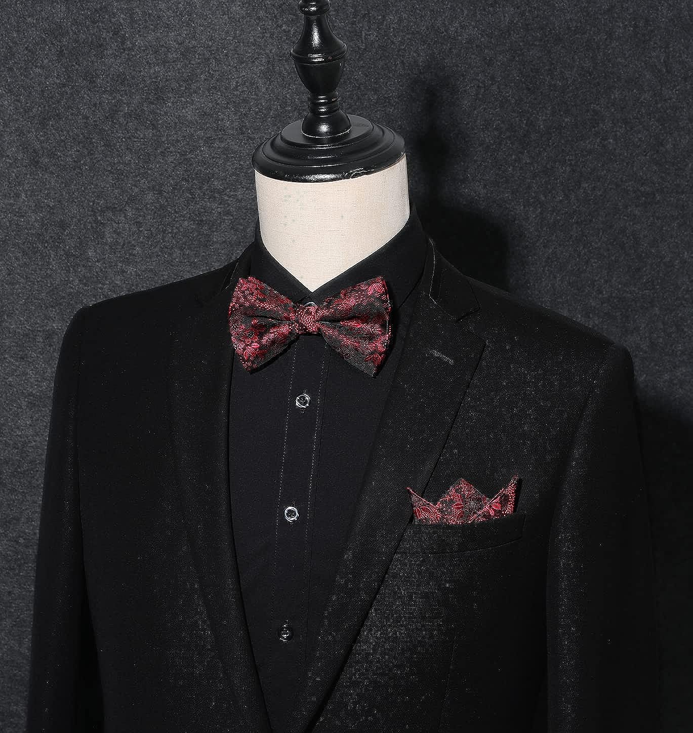 Hisdern Red Floral Pre-Tied Bow Tie Handkerchief with Cufflinks
