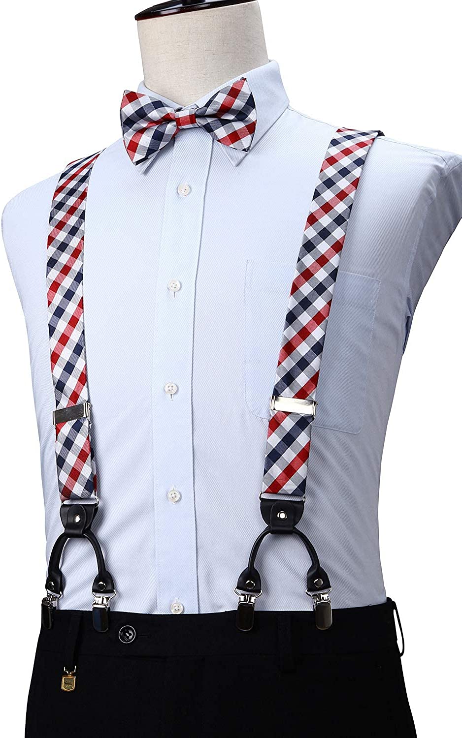 Hisdern Plaid Suspenders Bow Tie Set Red White Pattern Accessories