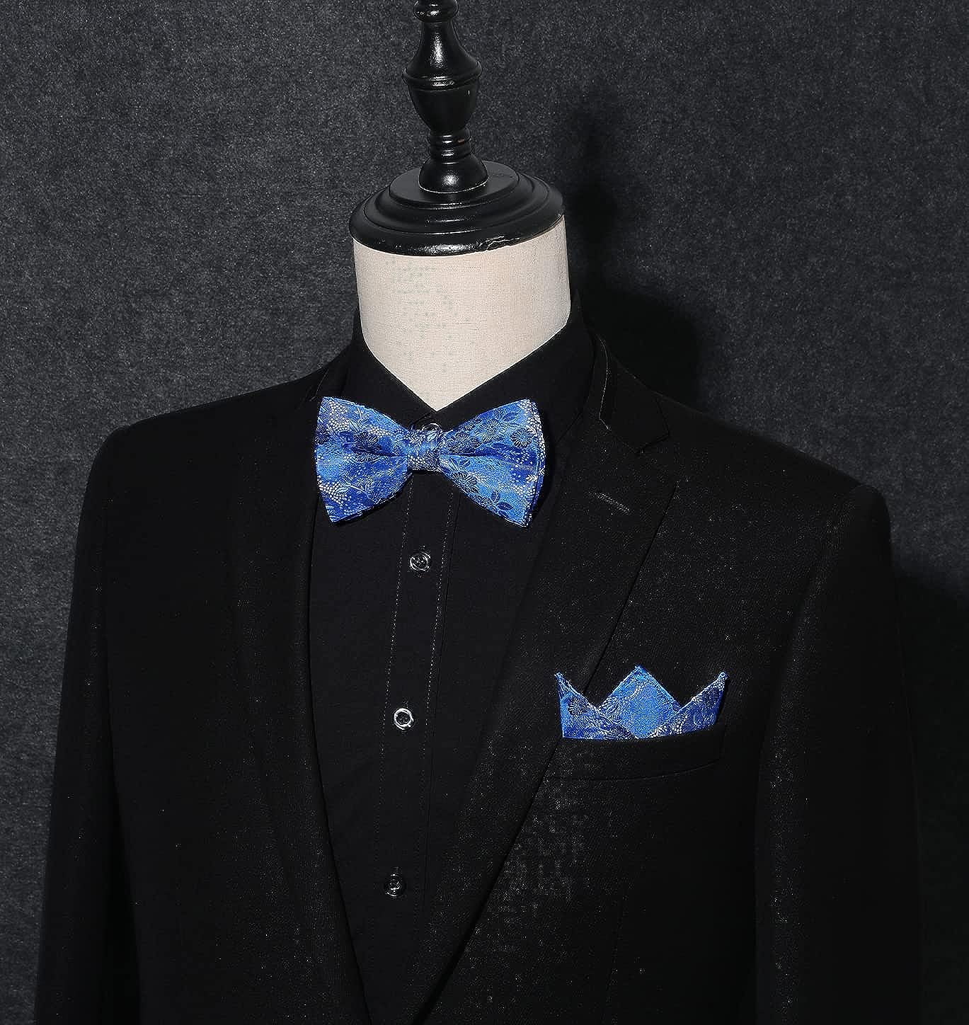 Hisdern Blue Floral Pre-Tied Bow Tie Handkerchief with Cufflinks
