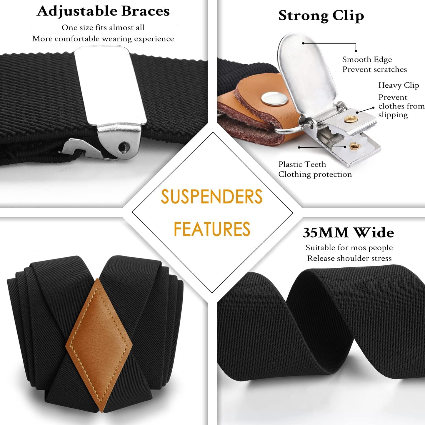 Hisdern Black Solid Suspenders Pre-Tied Bow Tie Set Formal Wedding