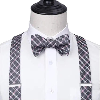 Hisdern Plaid Suspenders Bow Tie Set Pink Grey Pattern Accessories