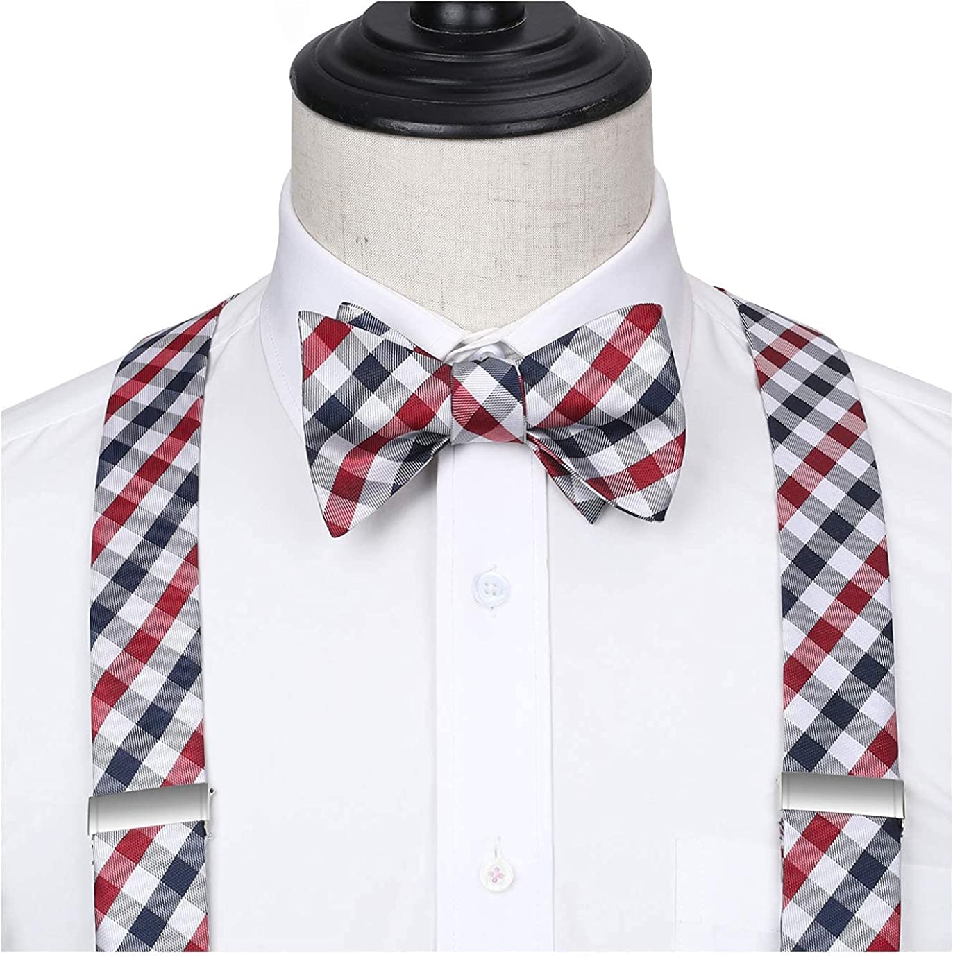 Hisdern Plaid Suspenders Bow Tie Set Red White Pattern Accessories