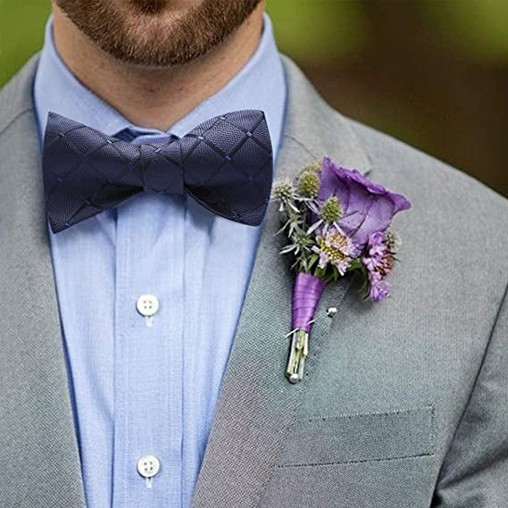Hisdern Navy Blue Plaid Bow Tie Set For Special Occasions