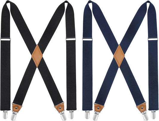 Hisdern 2pcs 1.4 Inch Adjustable Suspender Navy Blue 4-Clip for Formal Pants