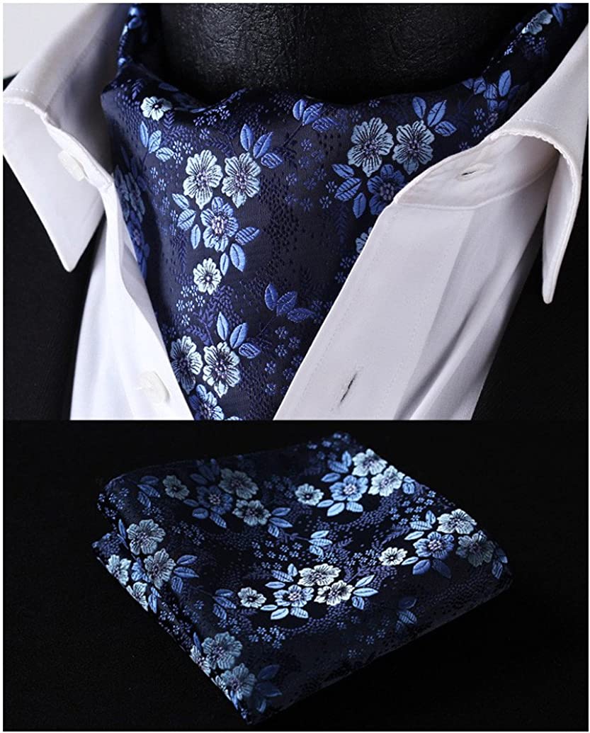 Hisdern Floral Navy Blue Ascot Cravat for Men Wedding Formal