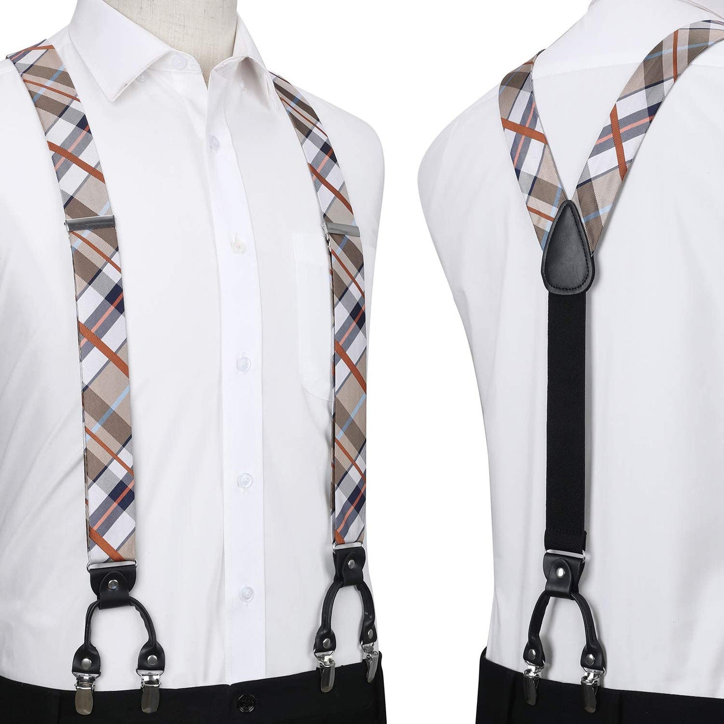 Hisdern Plaid Suspenders Bow Tie Set Khaki Pattern Accessories