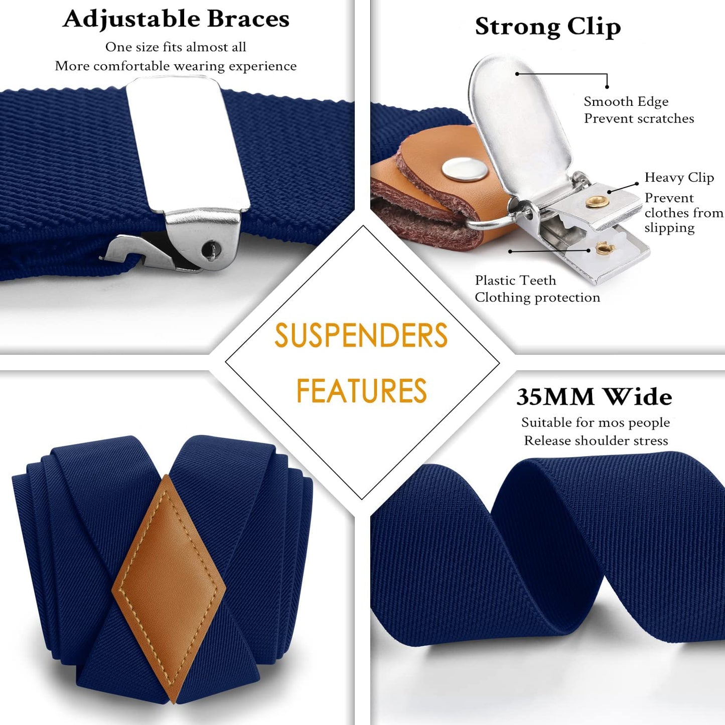 Hisdern Navy Blue Solid Suspenders Pre-Tied Bow Tie Set Formal Wedding