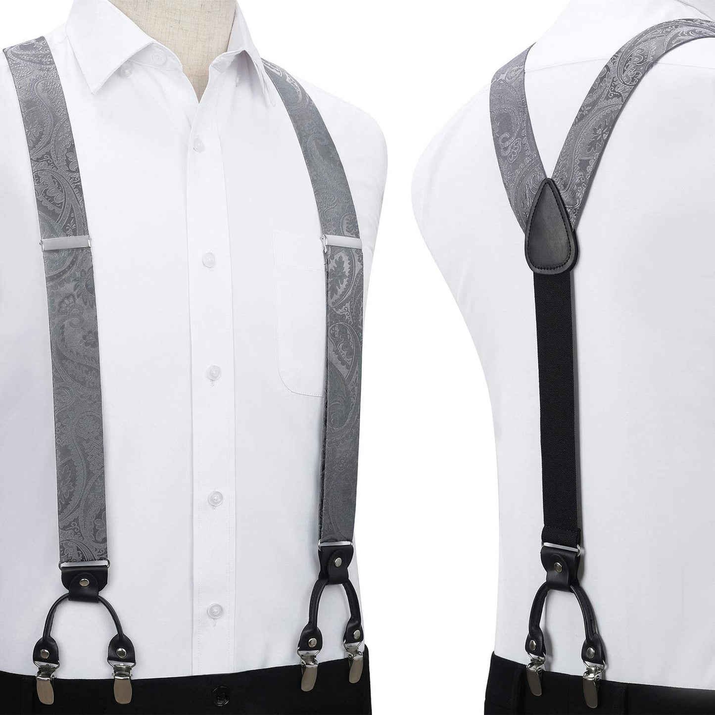 Hisdern Paisley Suspenders Pre-tied Bow Tie Set Grey Formal Accessories