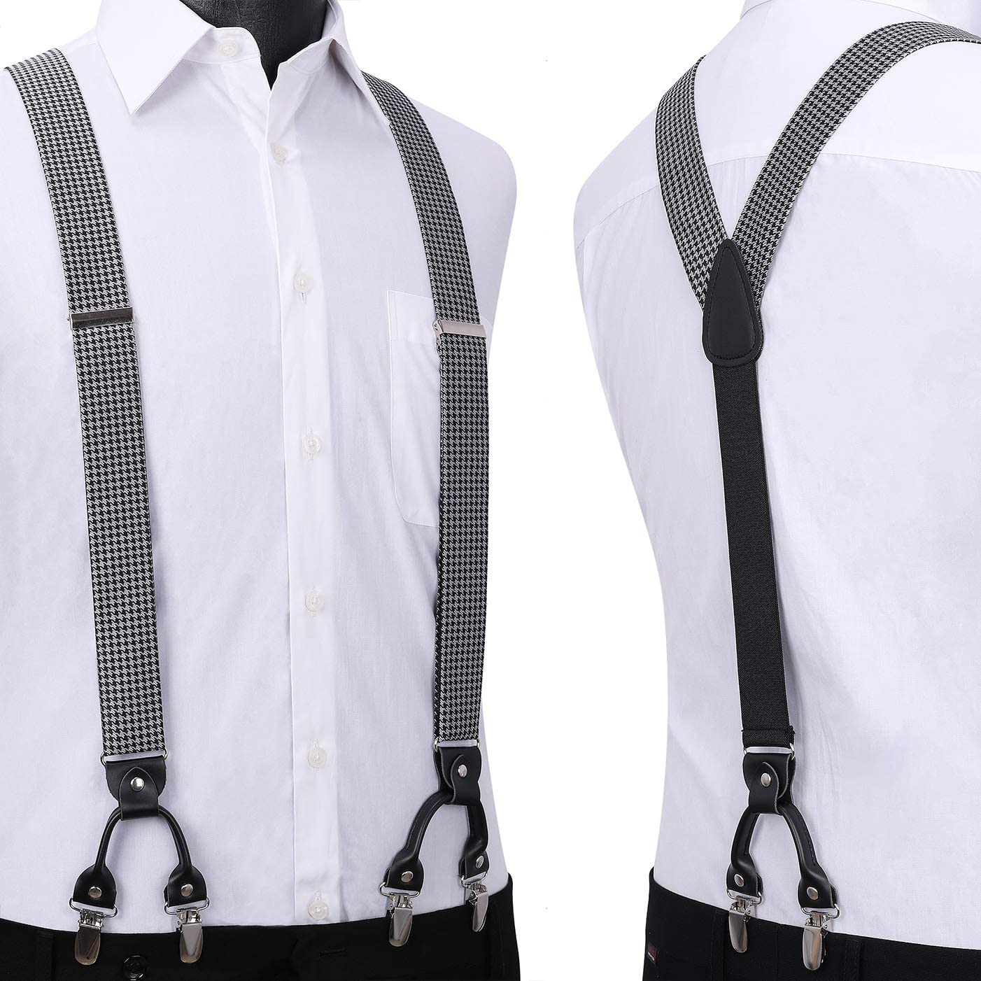 Hisdern Plaid Suspenders Pre-tied Bow Tie Set Black White Pattern Accessories