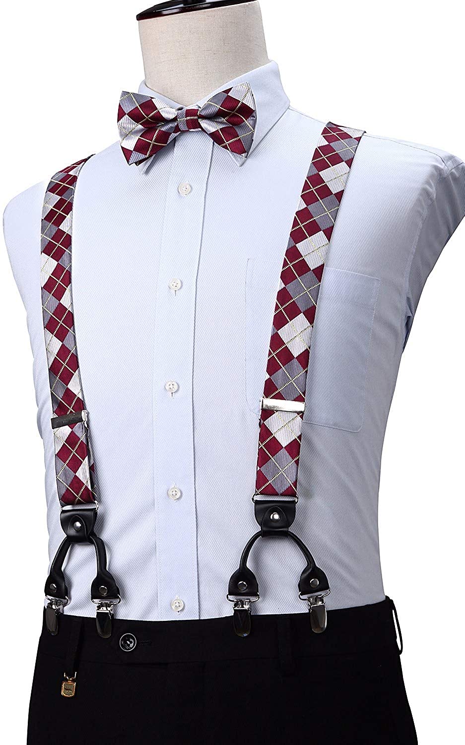 Hisdern Plaid Suspenders Pre-tied Bow Tie Set Red Pattern Accessories
