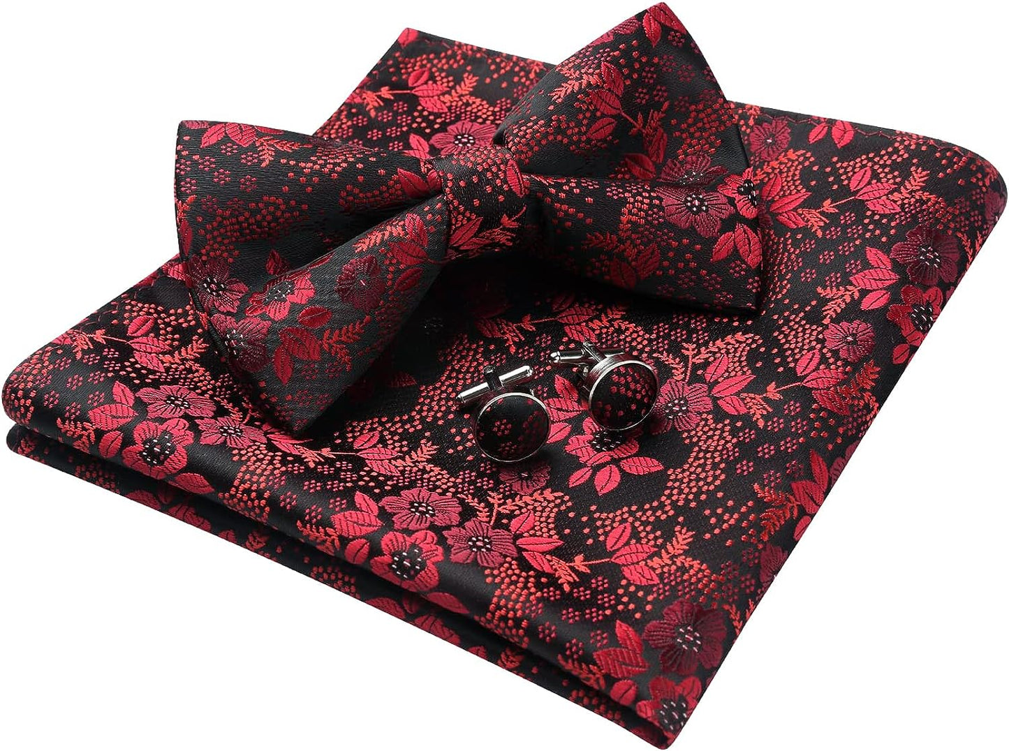 Hisdern Red Floral Pre-Tied Bow Tie Handkerchief with Cufflinks