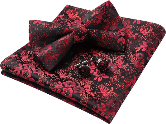 Hisdern Red Floral Pre-Tied Bow Tie Handkerchief with Cufflinks