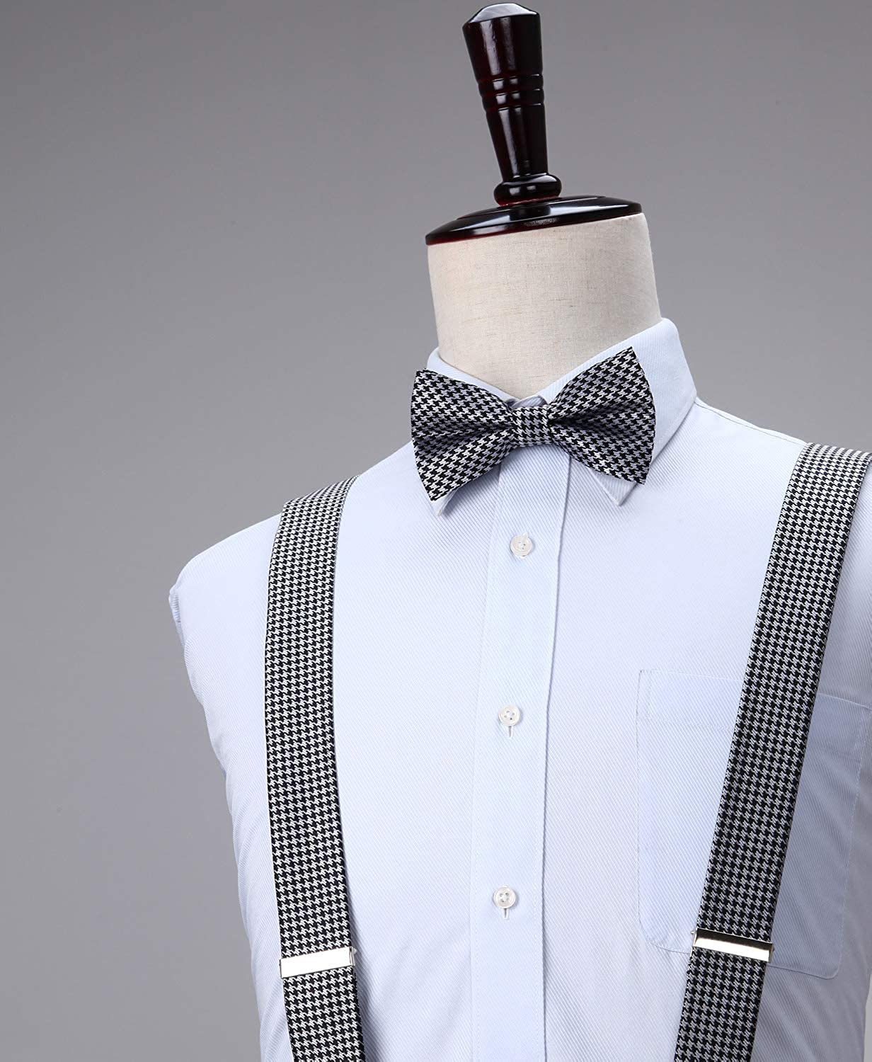 Hisdern Plaid Suspenders Pre-tied Bow Tie Set Black White Pattern Accessories