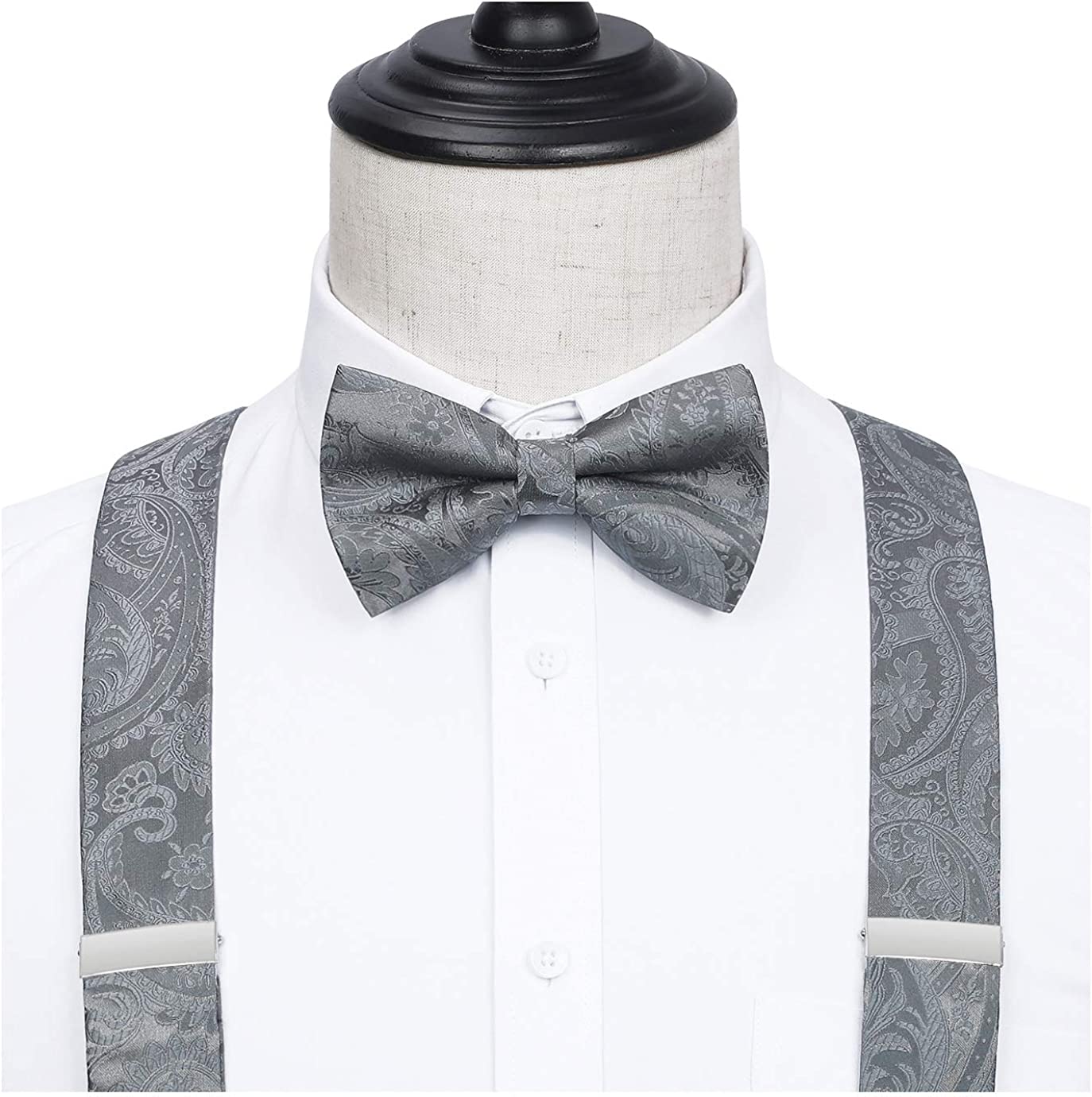 Hisdern Paisley Suspenders Pre-tied Bow Tie Set Grey Formal Accessories