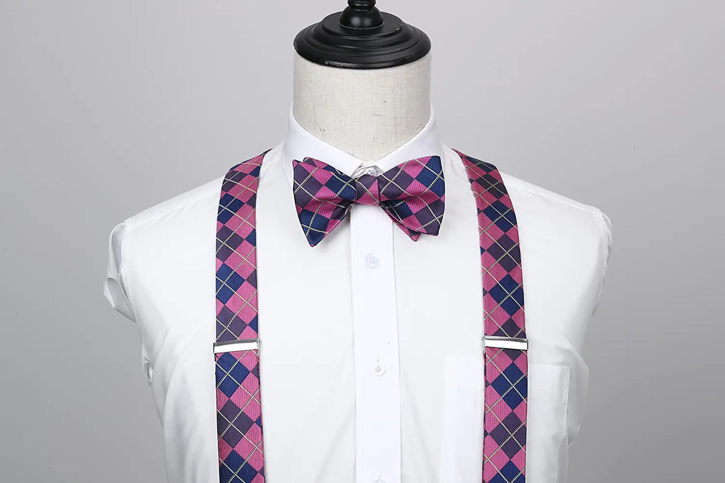 Hisdern Plaid Suspenders Bow Tie Set Hot Pink Pattern Accessories