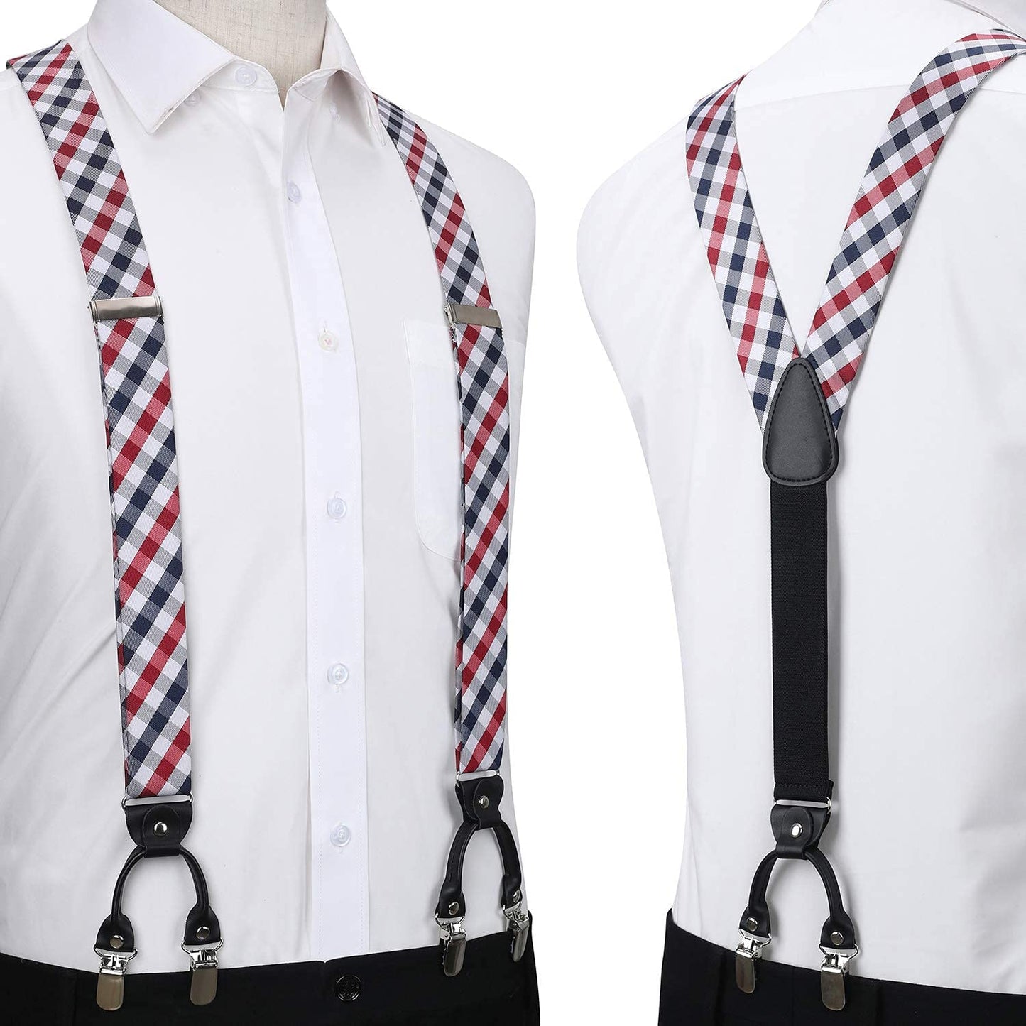 Hisdern Plaid Suspenders Bow Tie Set Red White Pattern Accessories