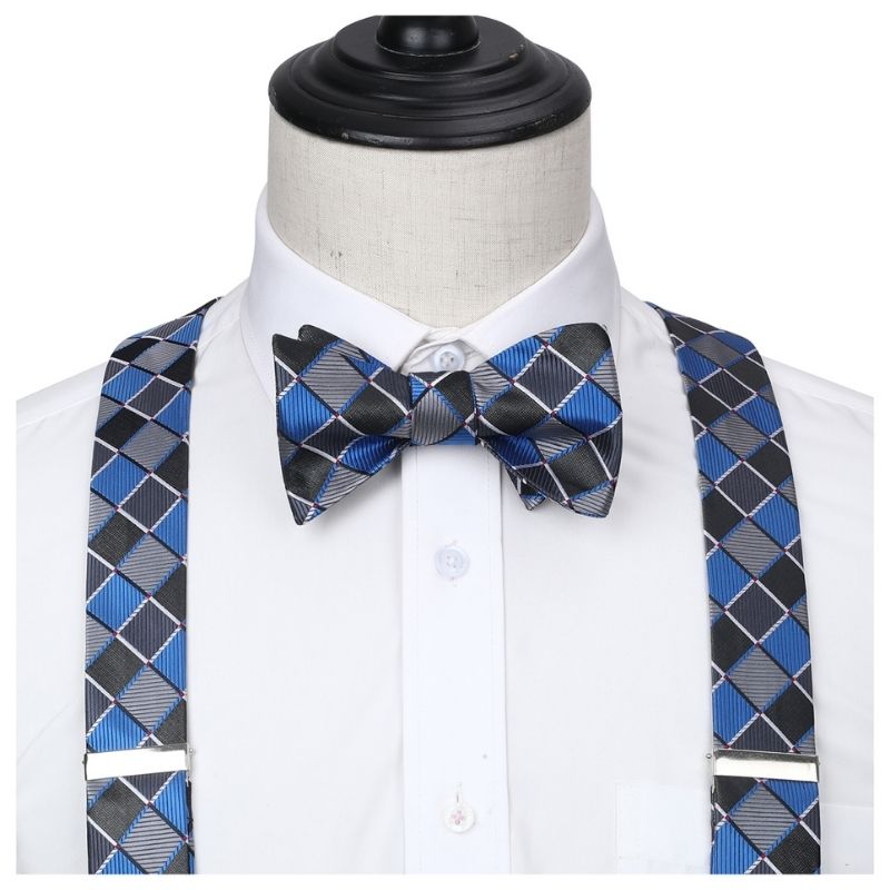 Hisdern Plaid Suspenders Bow Tie Set Blue Pattern Accessories