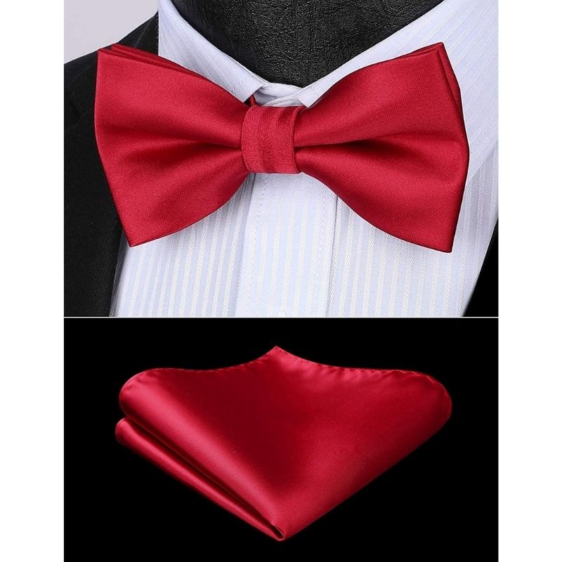 Hisdern Red Solid Suspenders Pre-Tied Bow Tie Set Formal Wedding