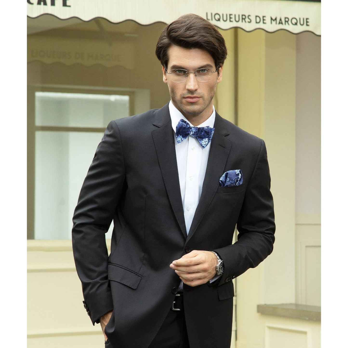 Hisdern Navy Blue Floral Bow Tie Set Groomsmen Wedding