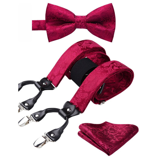 Hisdern Paisley Suspenders Pre-tied Bow Tie Set Red Formal Accessories