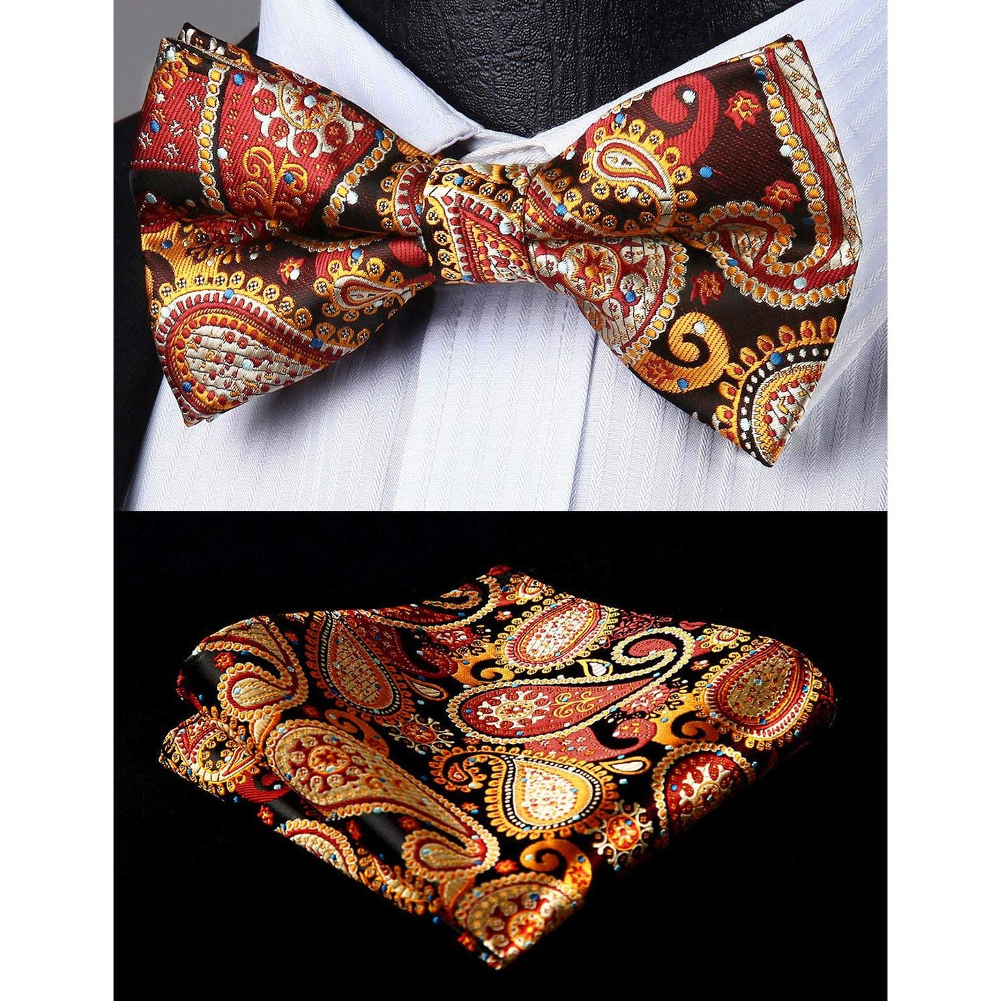 Hisdern Vintage Orange Paisley Pre-Tied Bow Tie Set for Wedding