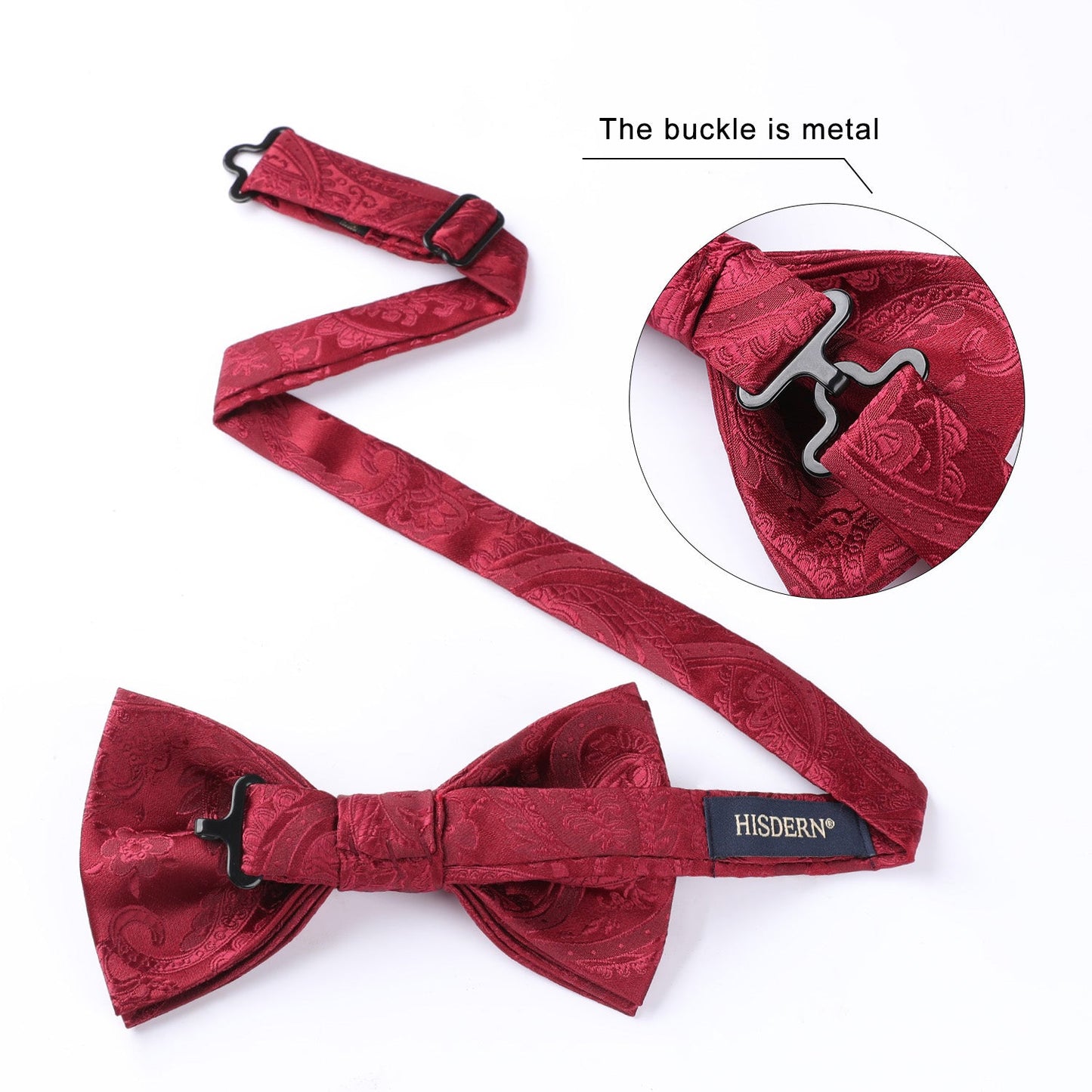 Hisdern Burgundy Paisley Pre-Tied Bow Tie Handkerchief For Evening Wear
