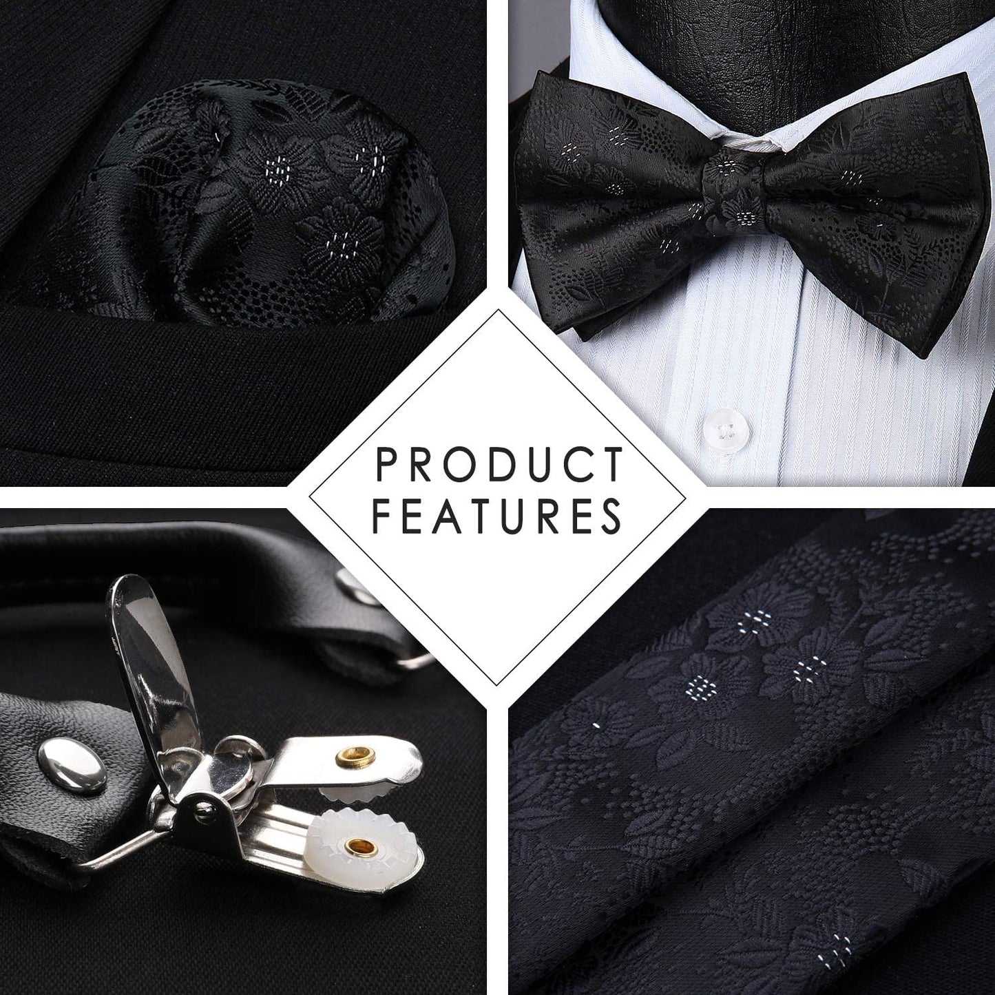 Hisdern Floral Suspenders Pre-tied Bow Tie Set Black Formal Accessories