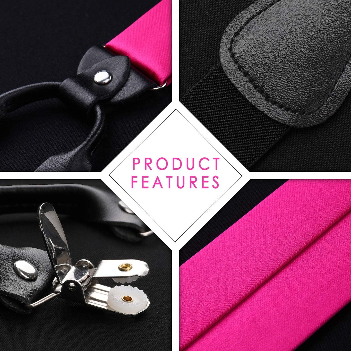 Hisdern Solid Suspenders Pre-Tied Bow Tie Set Hot Pink Formal Wedding Outfit
