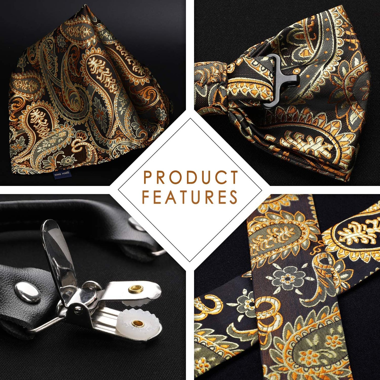 Hisdern Paisley Suspenders Pre-tied Bow Tie Set Gold Formal Accessories