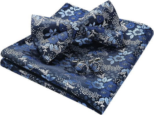 Hisdern Dark Blue Floral Pre-Tied Bow Tie Handkerchief with Cufflinks