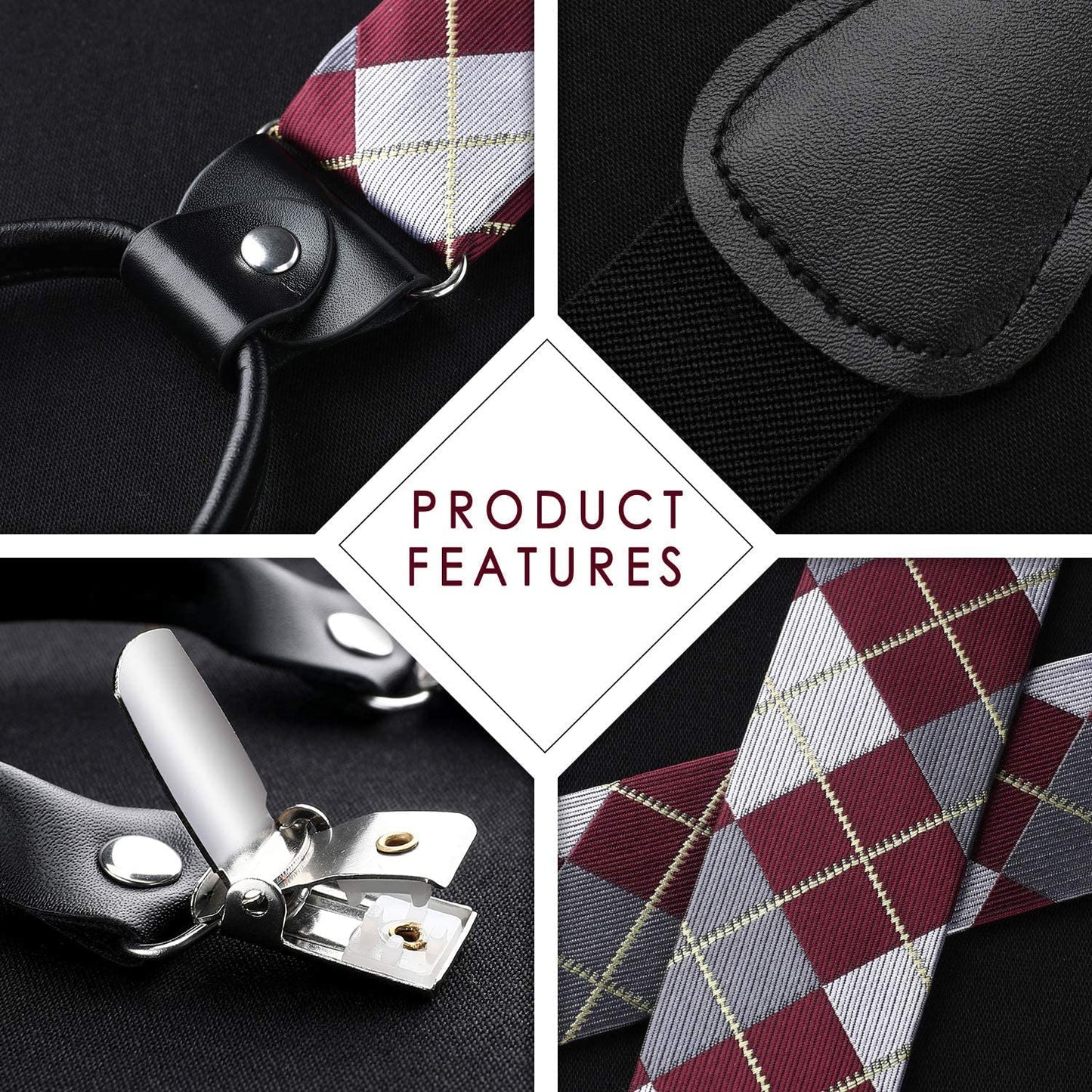 Hisdern Plaid Suspenders Bow Tie Set Burgundy Pattern Accessories