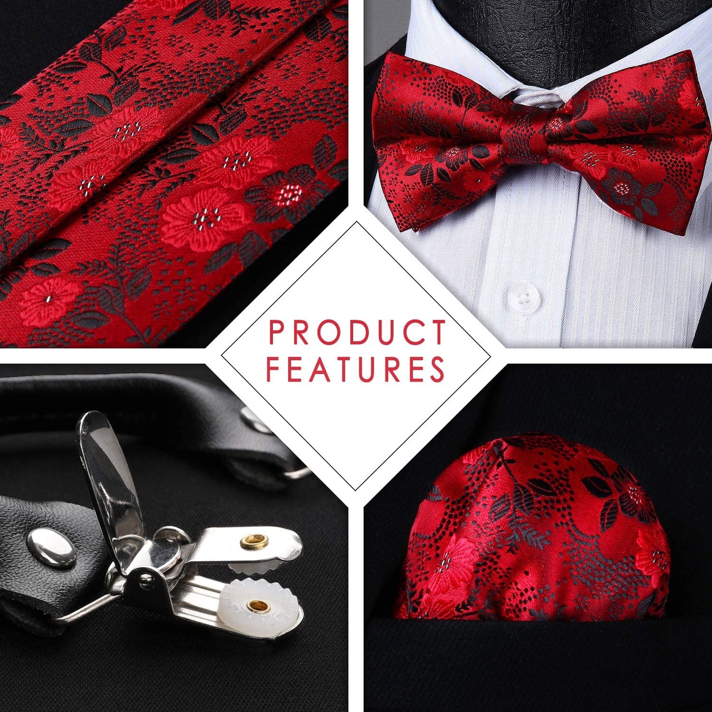 Hisdern Paisley Suspenders Pre-tied Bow Tie Set Red Formal Accessories