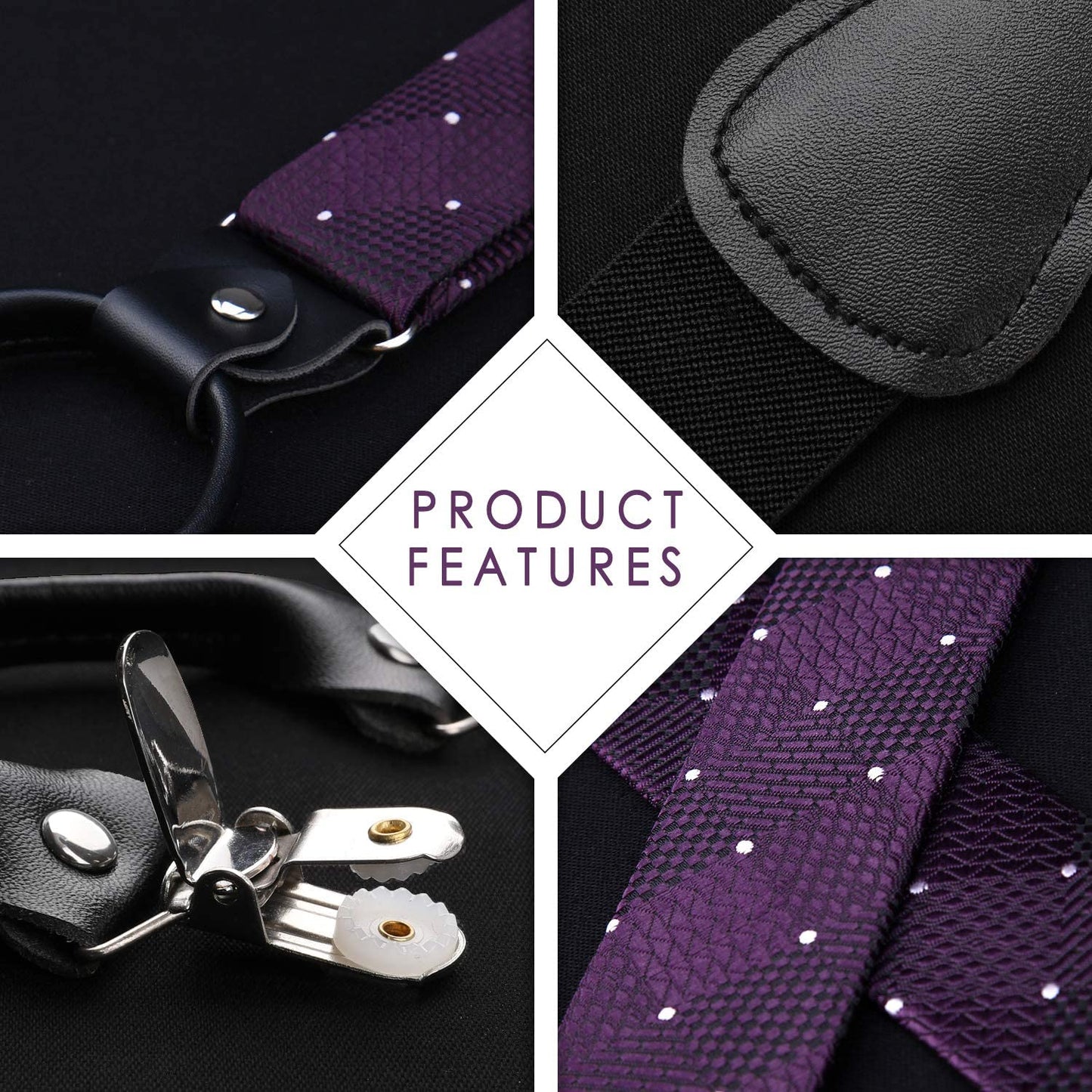 Hisdern Plaid Suspenders Pre-tied Bow Tie Set Purple Pattern Accessories