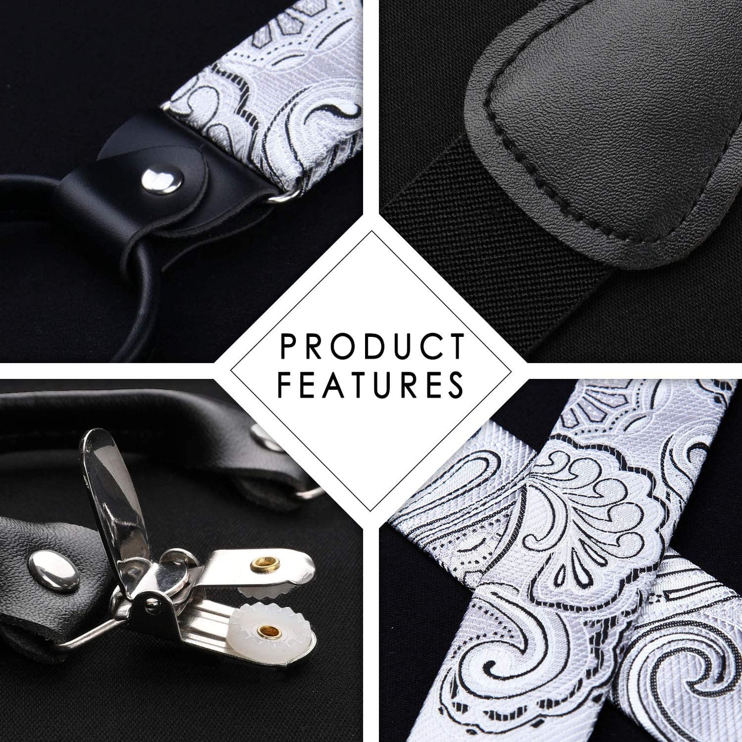 Hisdern Paisley Suspenders Bow Tie Set Silver Black Formal Accessories