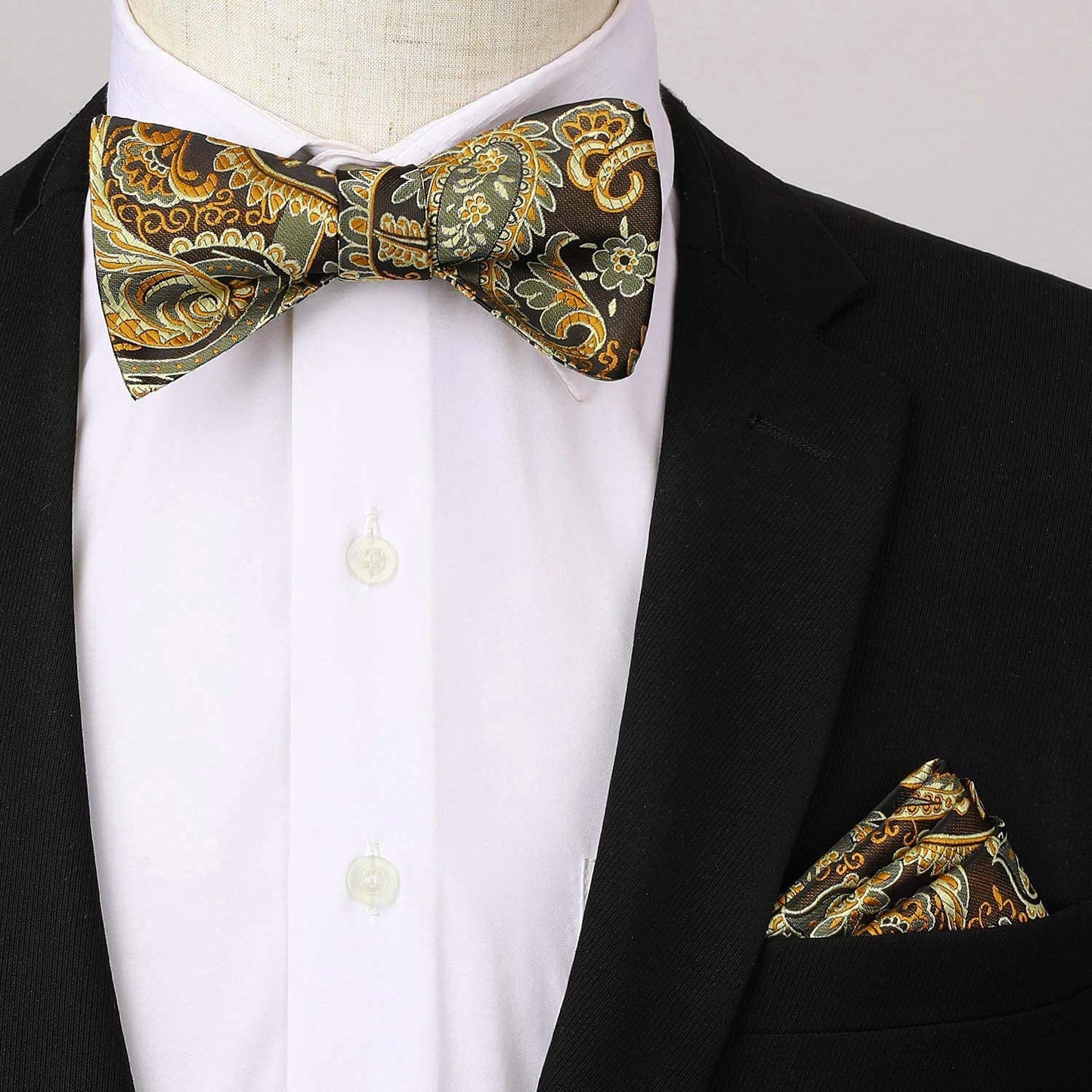Hisdern Paisley Suspenders Pre-tied Bow Tie Set Gold Formal Accessories